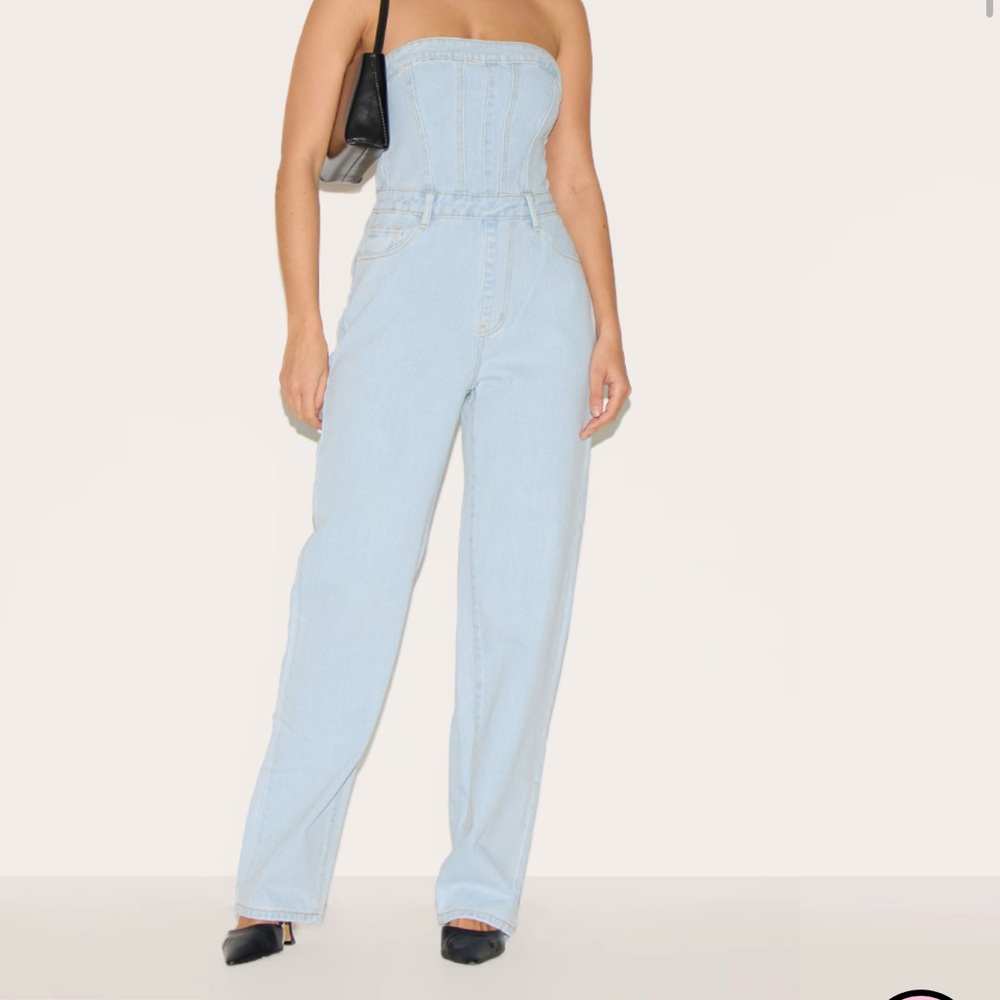 Pretty Little Thing Light Blue Wash Bandeau Denim Jumpsuit